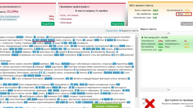 Проверка водности текста в text.ru